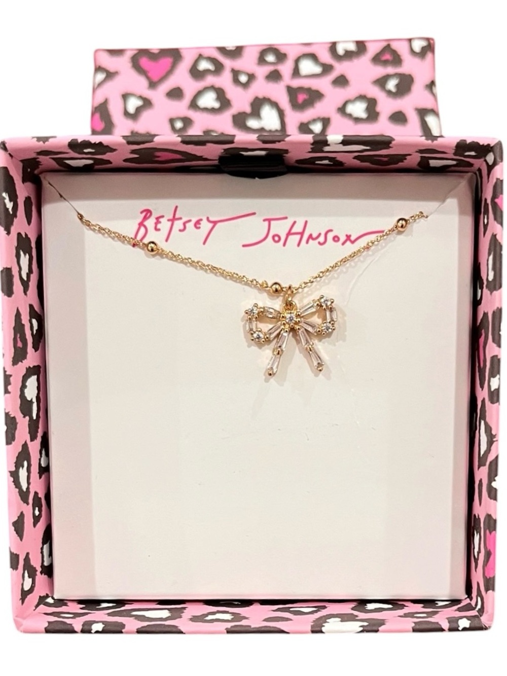 Betsey Johnson Dainty Crystal Baguette Bow Tie Ribbon Necklace NIB - Picture 3 of 4